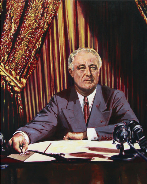 Franklin D. Roosevelt delivers his Fireside Chat radio braodcast. by artist Trevor Goring