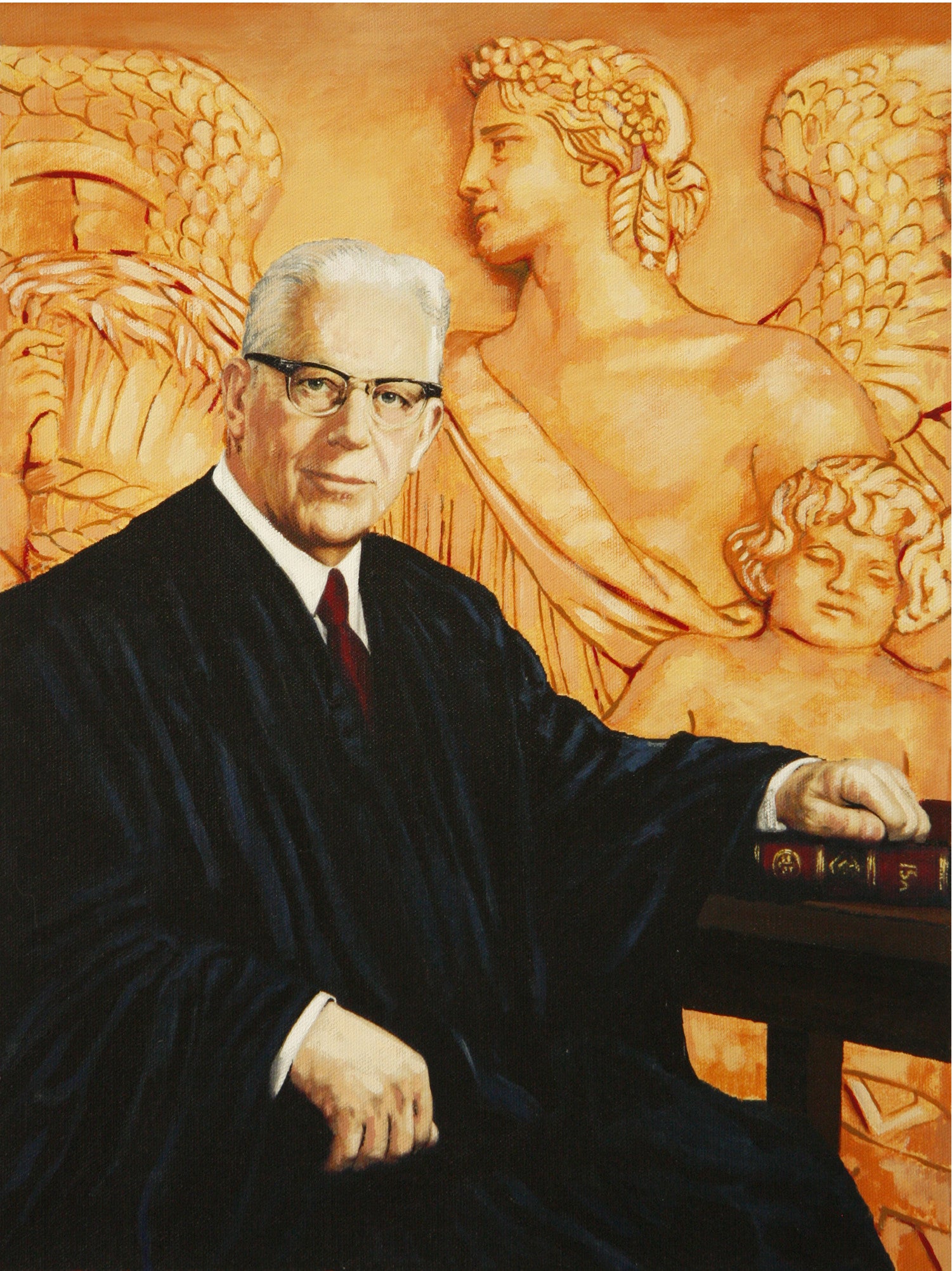 Chief Justice Earl Warren against the Supreme Court north frieze by artist Trevor Goring
