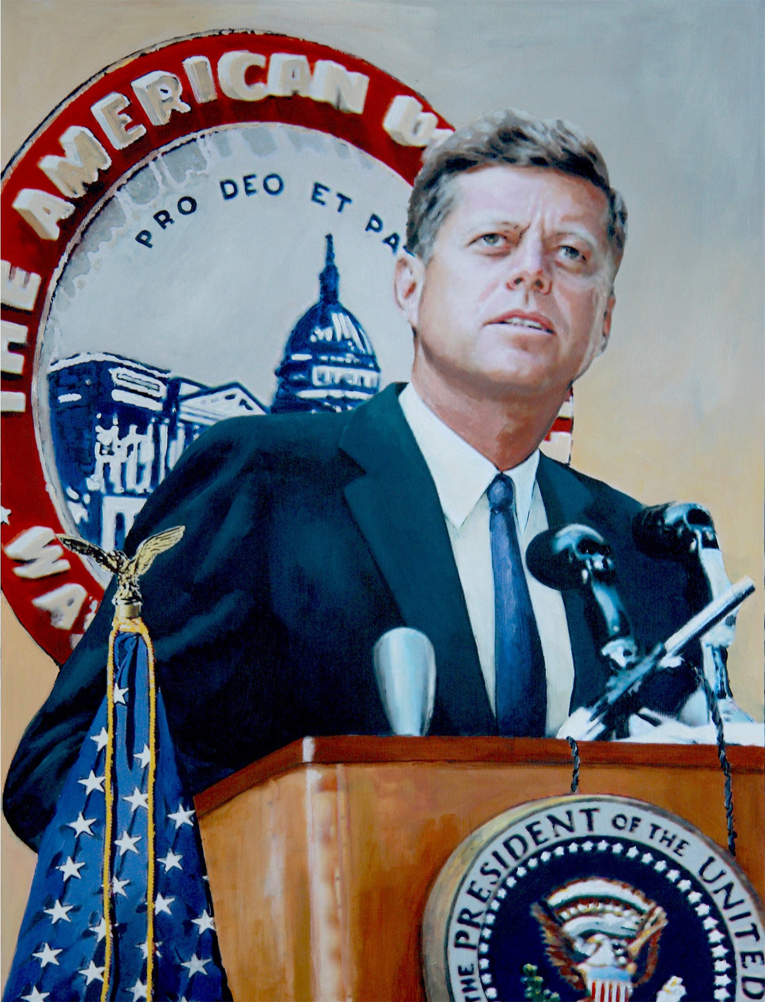 John F. Kennedy delivers his Strategy of Peace address. 1963 by artist Trevor Goring